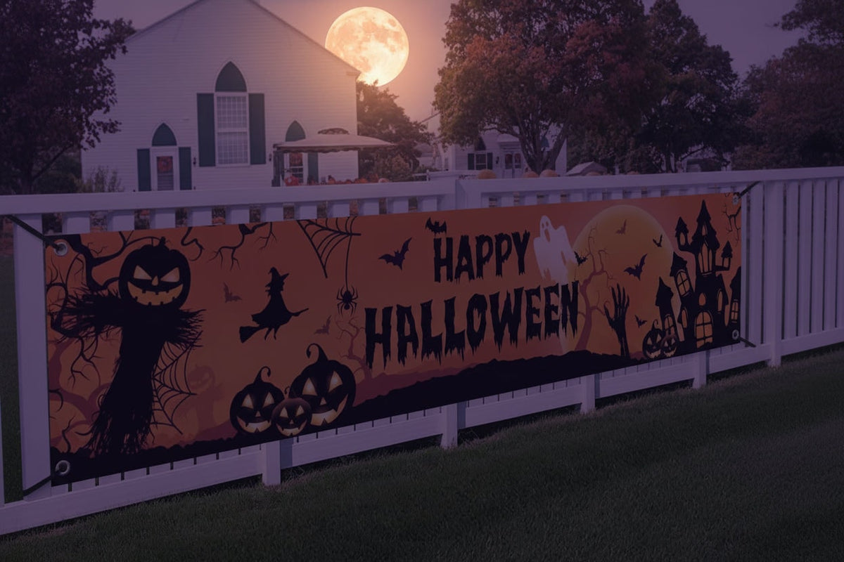 Large Halloween Decorations Banner with Pumpkins Witch and Bats for Outdoor Yard