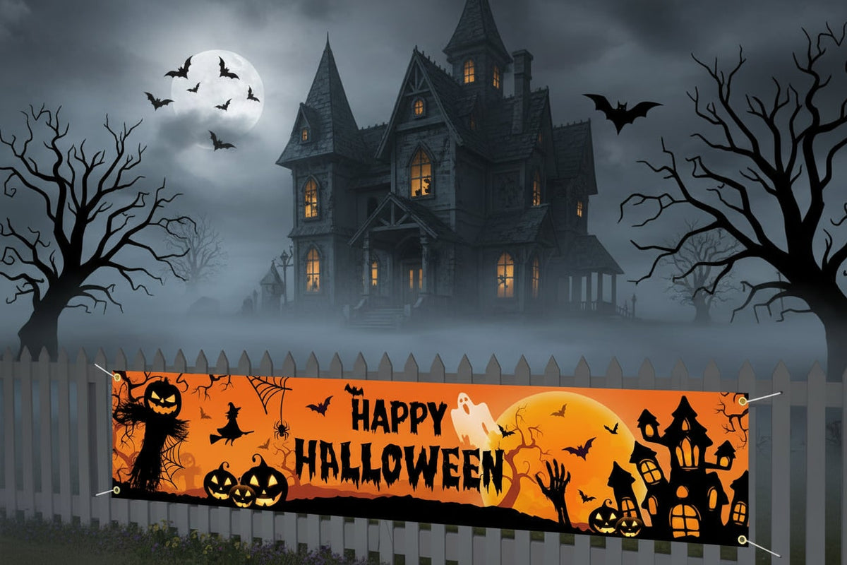 Large Halloween Decorations Banner with Pumpkins Witch and Bats for Outdoor Yard