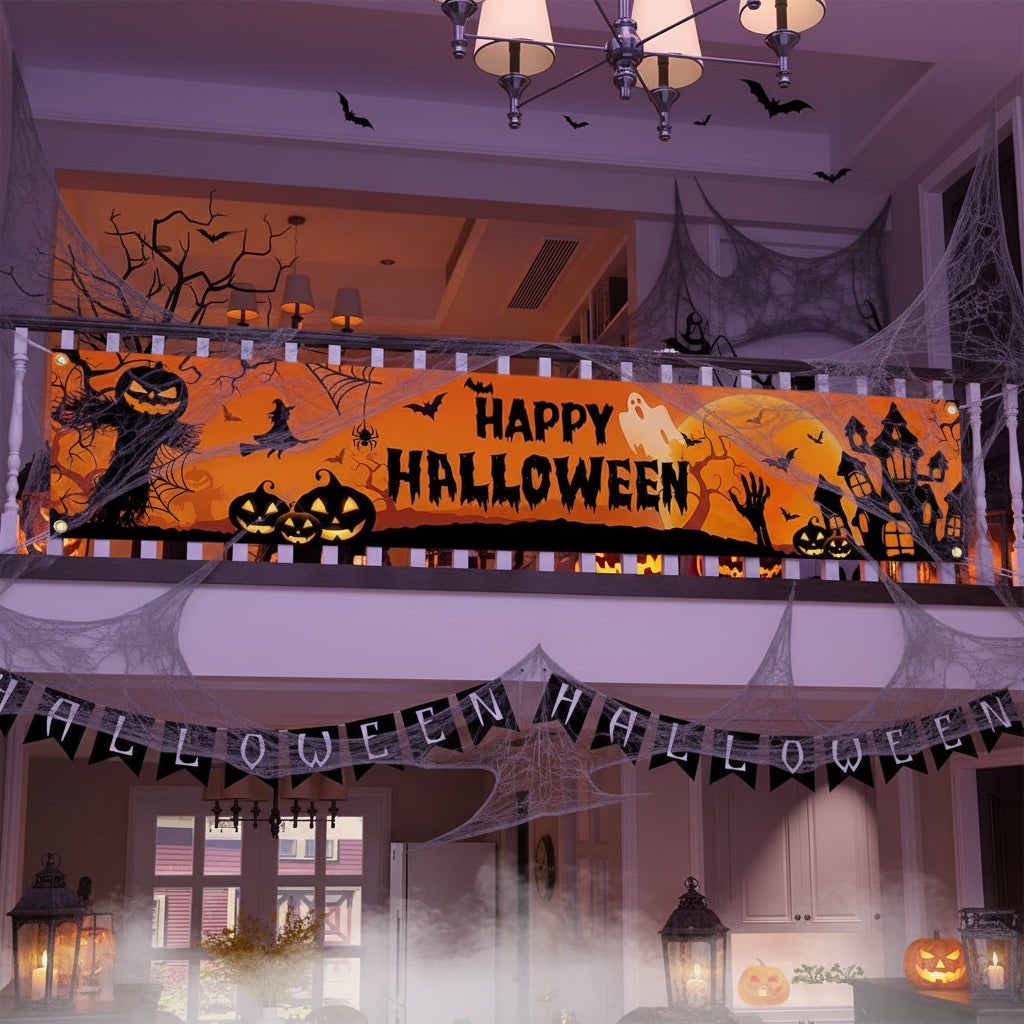 Large Halloween Decorations Banner with Pumpkins Witch and Bats for Outdoor Yard