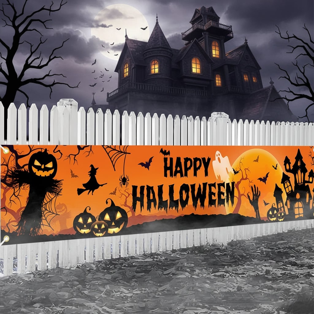 Large Halloween Decorations Banner with Pumpkins Witch and Bats for Outdoor Yard