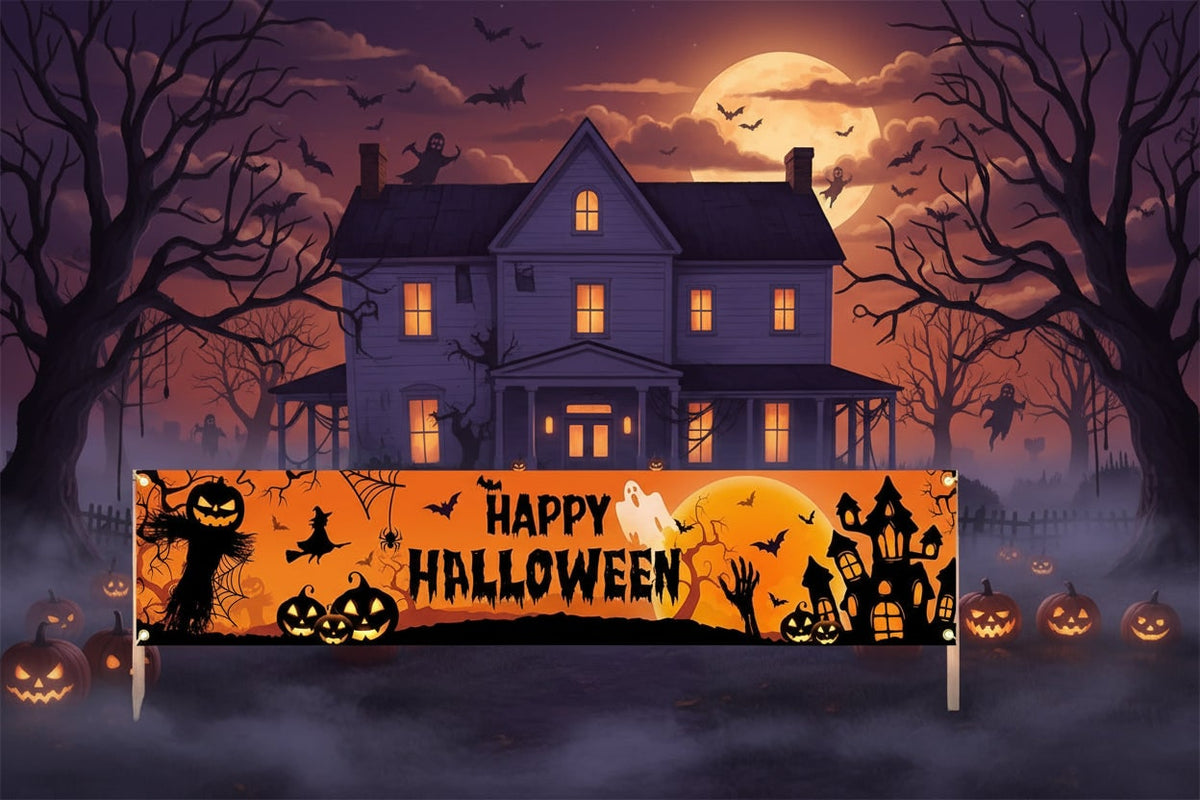 Large Halloween Decorations Banner with Pumpkins Witch and Bats for Outdoor Yard