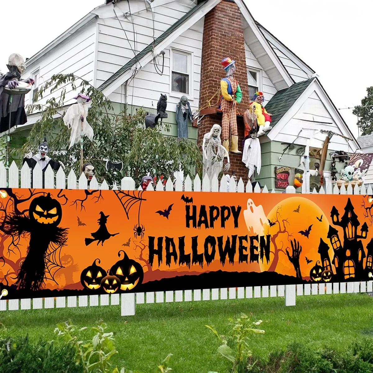 Jack O Lantern Halloween Banner with Witch and Scarecrow 200x40cm Outdoor Yard Decorations