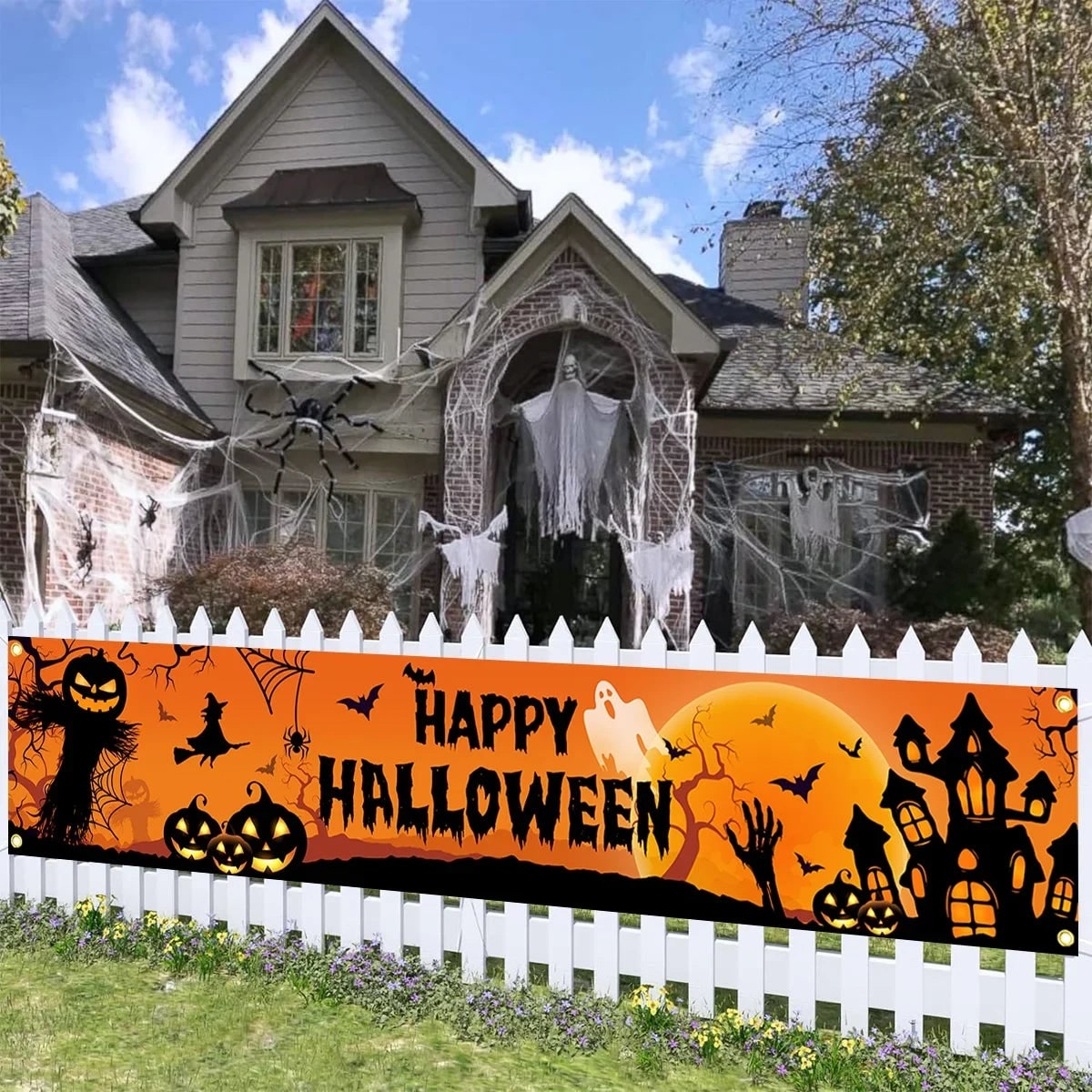 Jack O Lantern Halloween Banner with Witch and Scarecrow 200x40cm Outdoor Yard Decorations