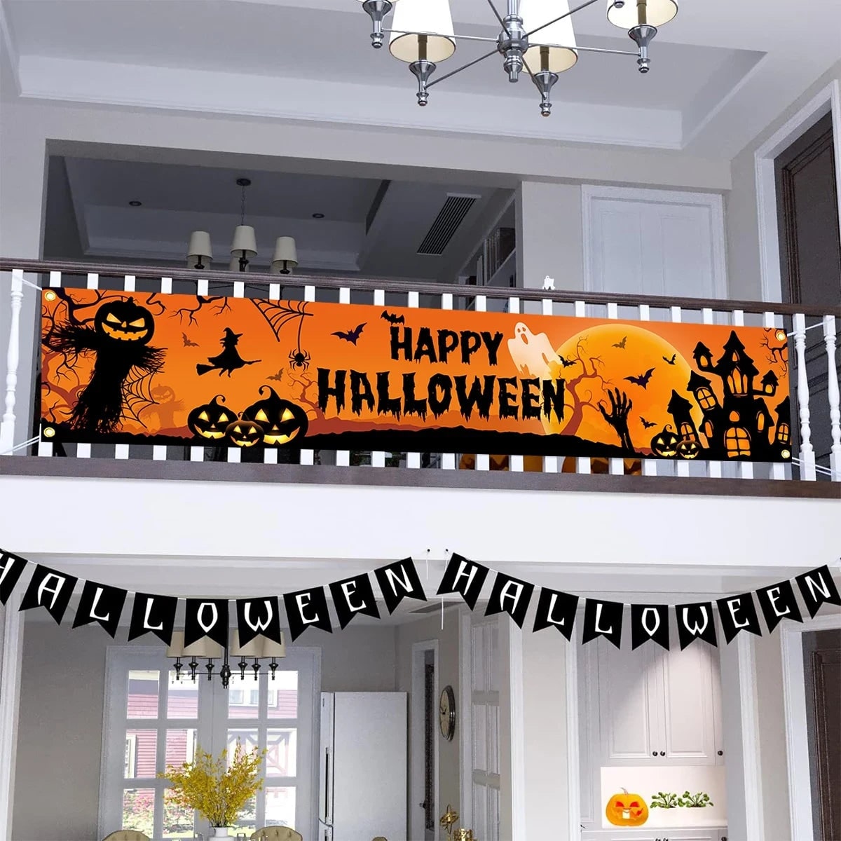 Jack O Lantern Halloween Banner with Witch and Scarecrow 200x40cm Outdoor Yard Decorations