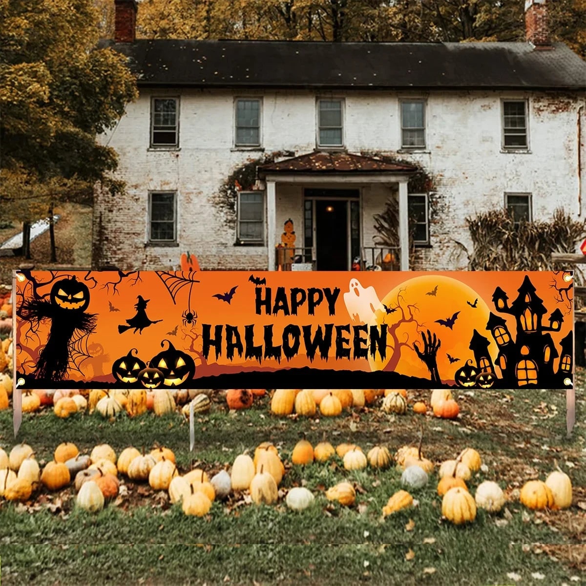 Jack O Lantern Halloween Banner with Witch and Scarecrow 200x40cm Outdoor Yard Decorations