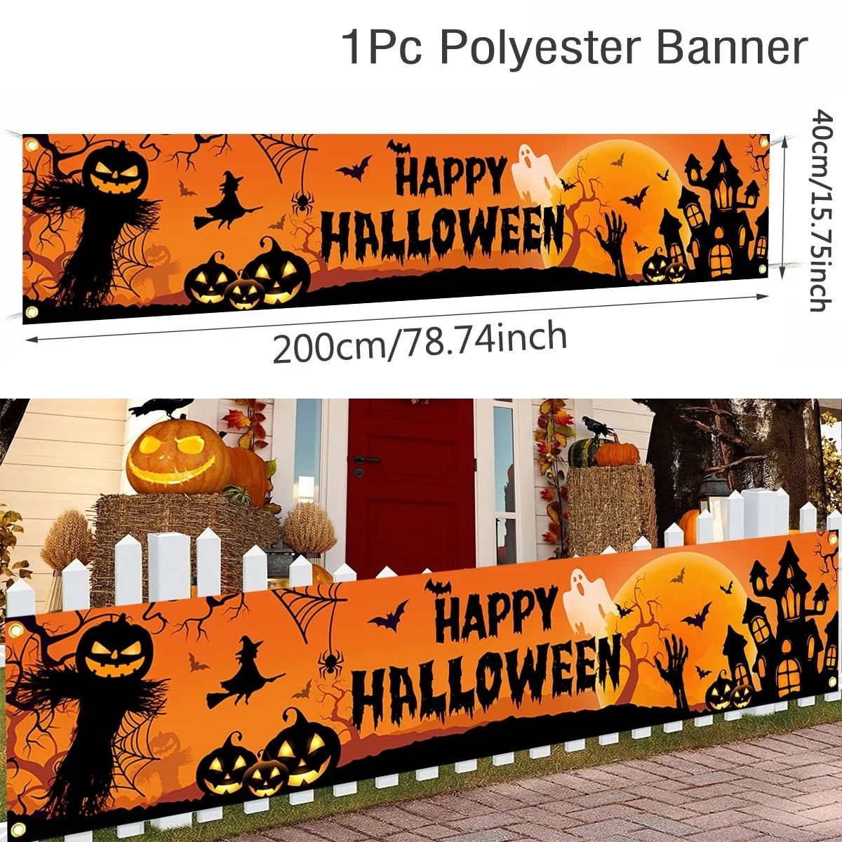 Jack O Lantern Halloween Banner with Witch and Scarecrow 200x40cm Outdoor Yard Decorations