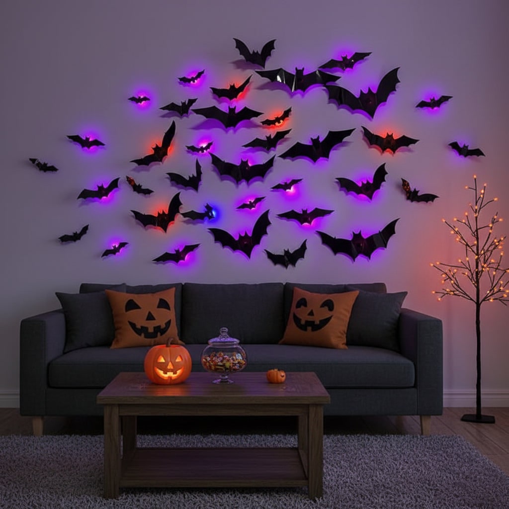 LED Outdoor Wall Lights Glowing 3D Bat Decals for Halloween Peel and Stick Decoration