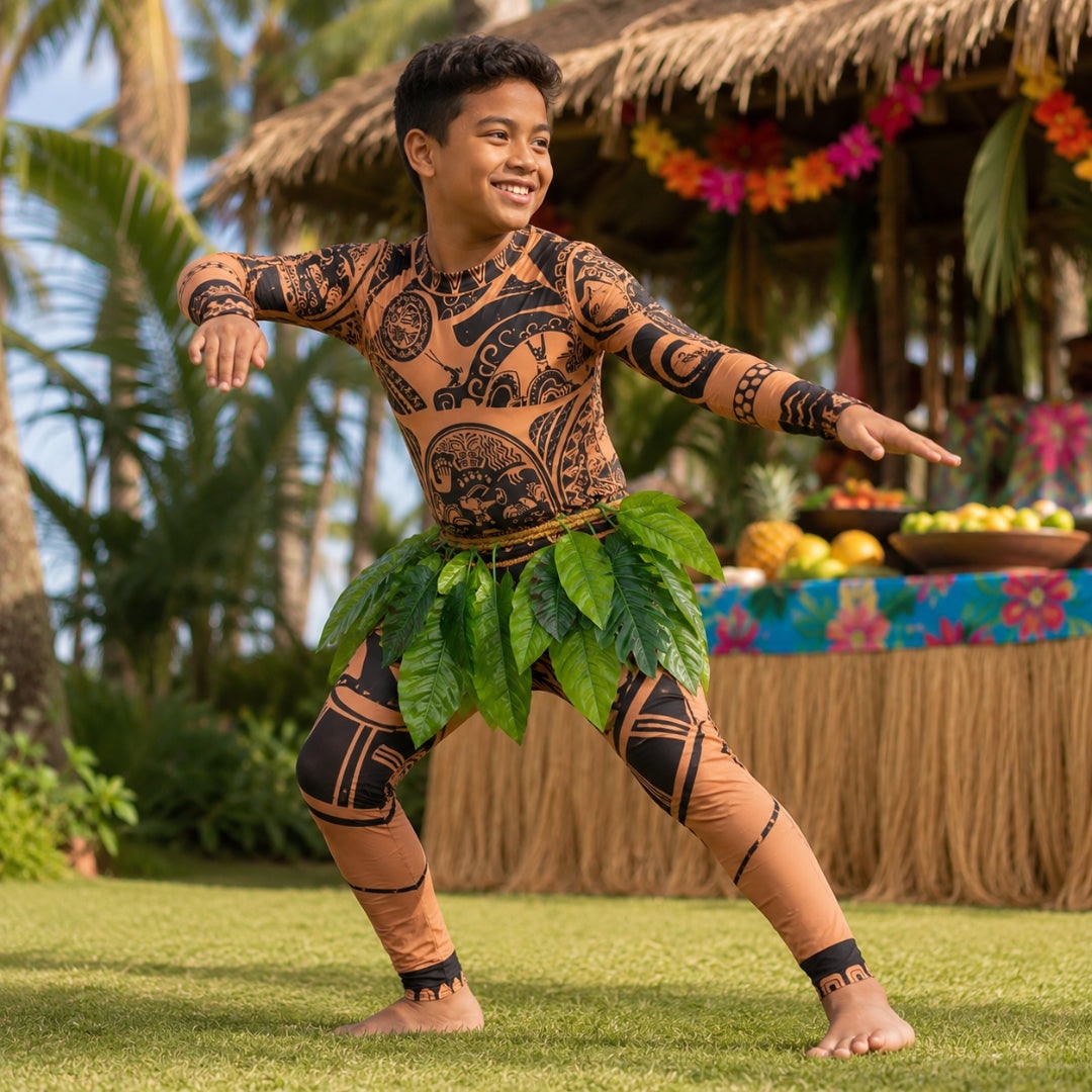 Halloween Costume Bodysuit with Tribal Tattoo Print and Faux Leaf Skirt for Kids and Adults