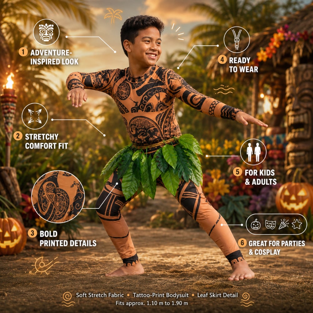 Halloween Costume Bodysuit with Tribal Tattoo Print and Faux Leaf Skirt for Kids and Adults