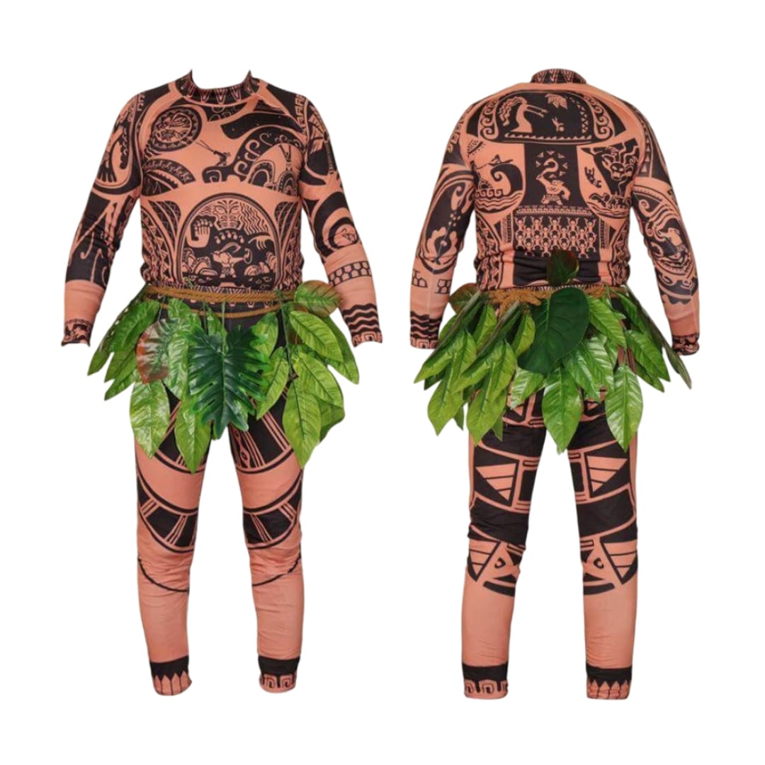Halloween Costume Bodysuit with Tribal Tattoo Print and Faux Leaf Skirt for Kids and Adults