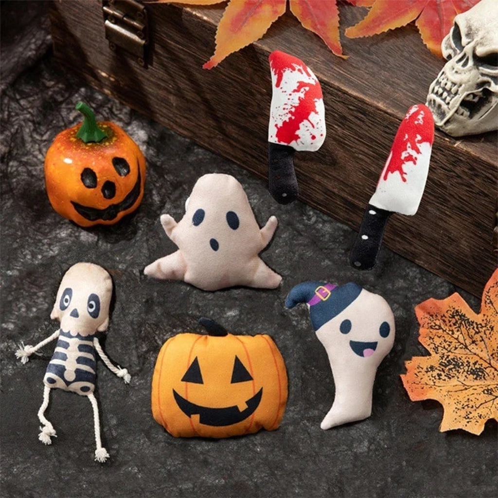 Cat Halloween Pumpkin Ghost and Skeleton Catnip Plush Toys for Interactive Biting Play