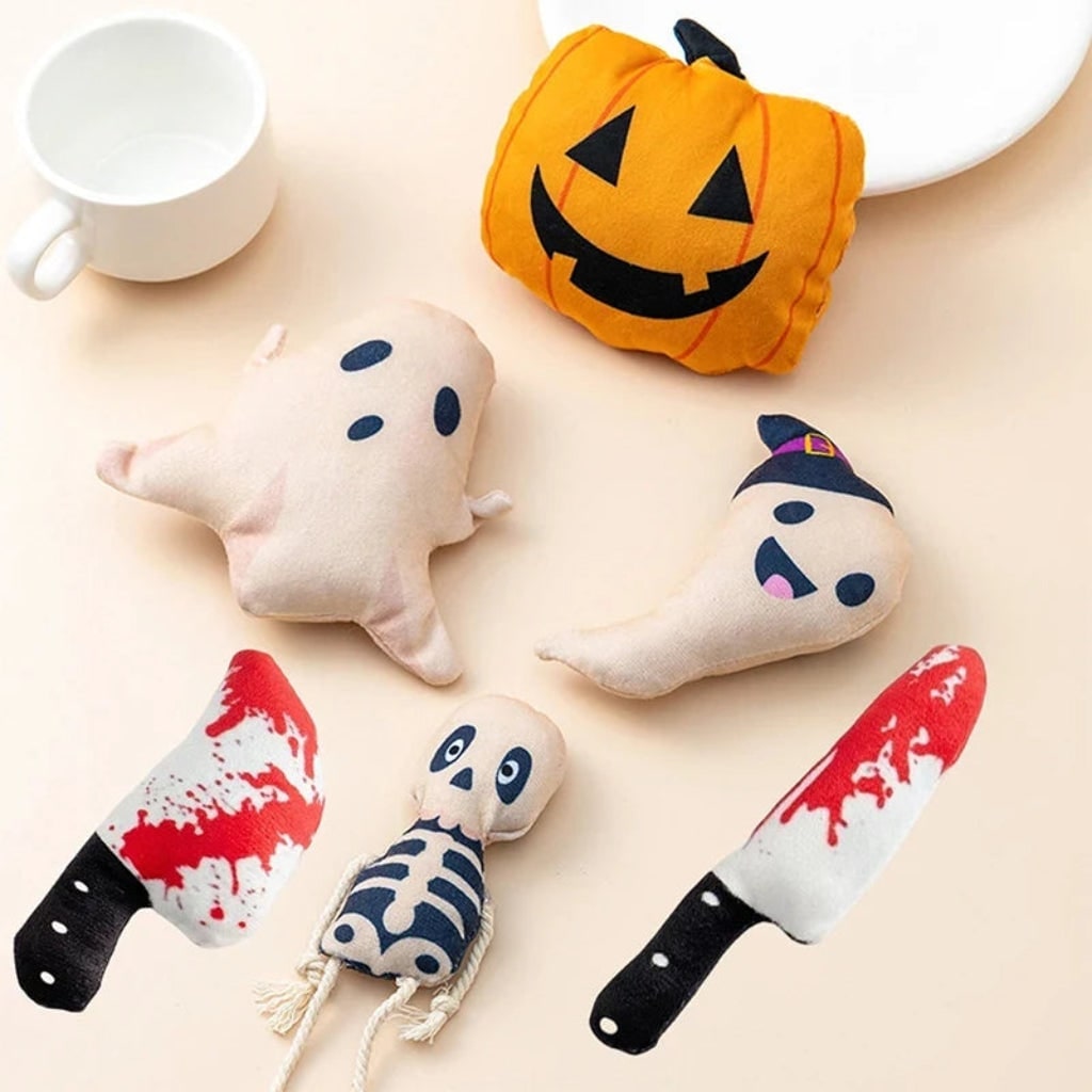 Cat Halloween Pumpkin Ghost and Skeleton Catnip Plush Toys for Interactive Biting Play