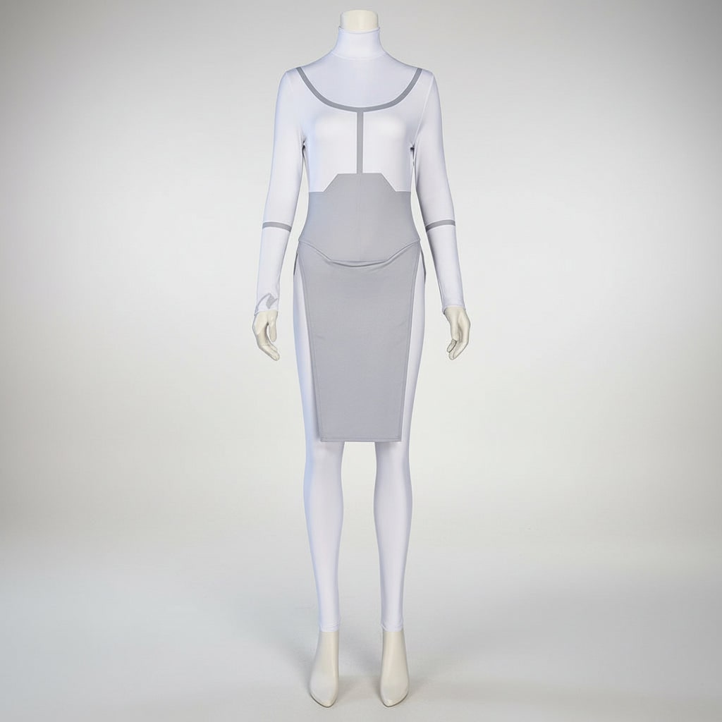 Anime Cosplay Bodysuit with Mock Turtleneck Tabard and Chest Emblem Detail