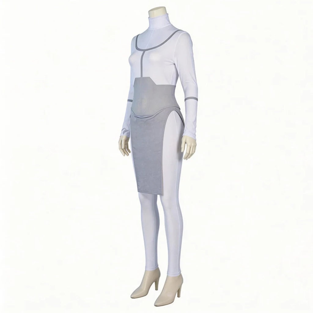 Anime Cosplay Bodysuit with Mock Turtleneck Tabard and Chest Emblem Detail