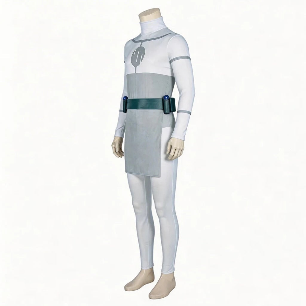 Anime Cosplay Bodysuit with Mock Turtleneck Tabard and Chest Emblem Detail