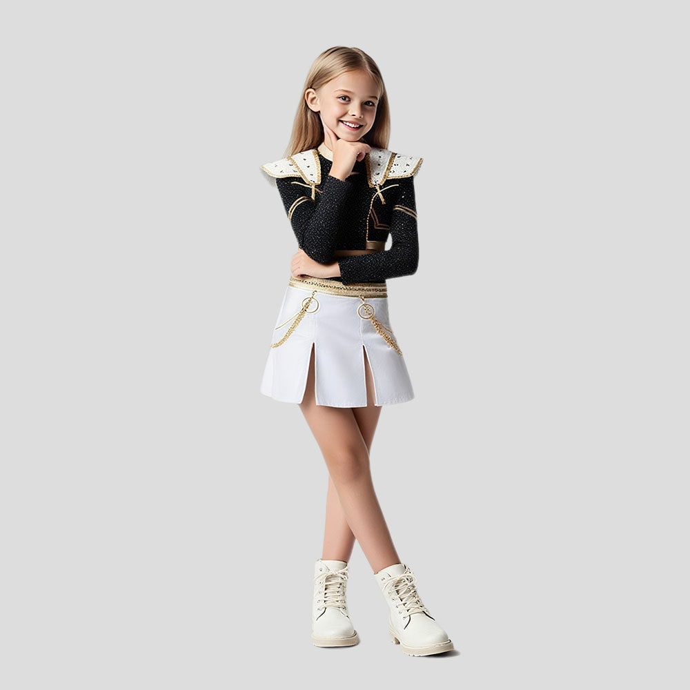 Cheerleader Halloween Costume for Kids with Cropped Top and Box Pleated Skirt Cosplay Outfit