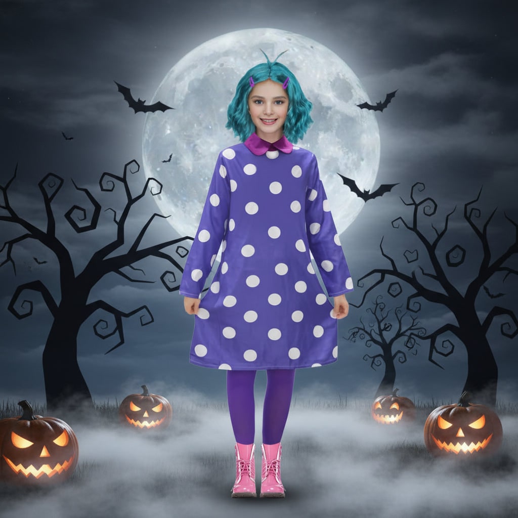 Boys Halloween Costumes Polka Dot Character Dress with Wavy Wig and Tights for Cosplay