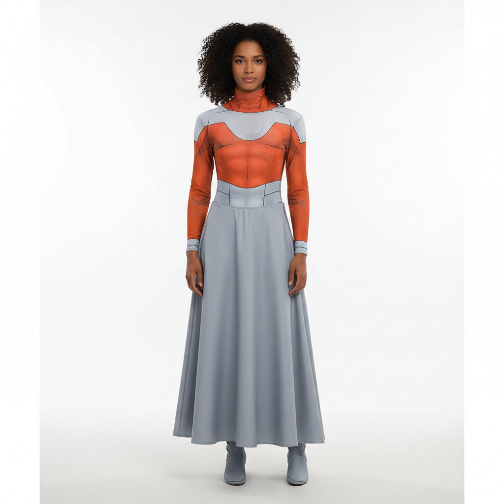 Sci-Fi Armour Print Cosplay Three Piece Set with Maxi Skirt and Velvet Cape