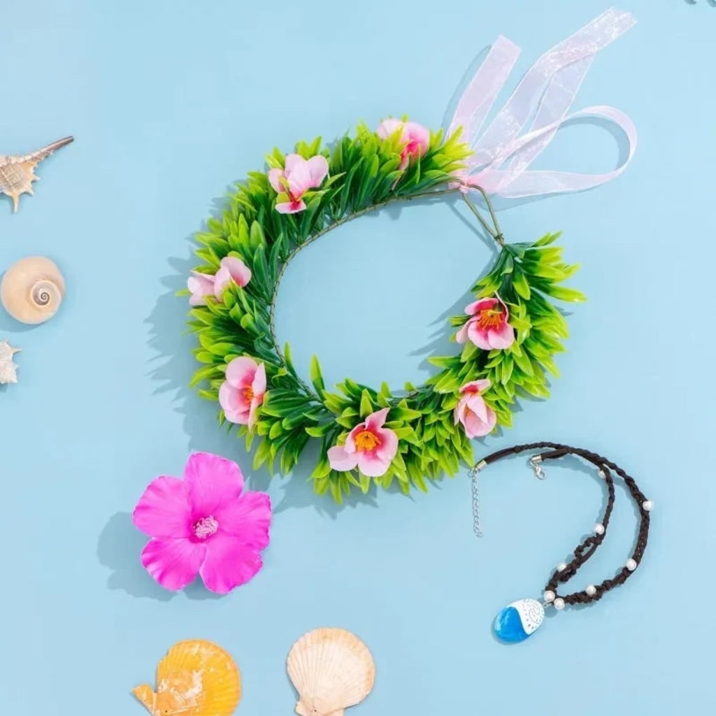Tropical Flower Crown and Beaded Necklace Halloween Costume Accessories Set