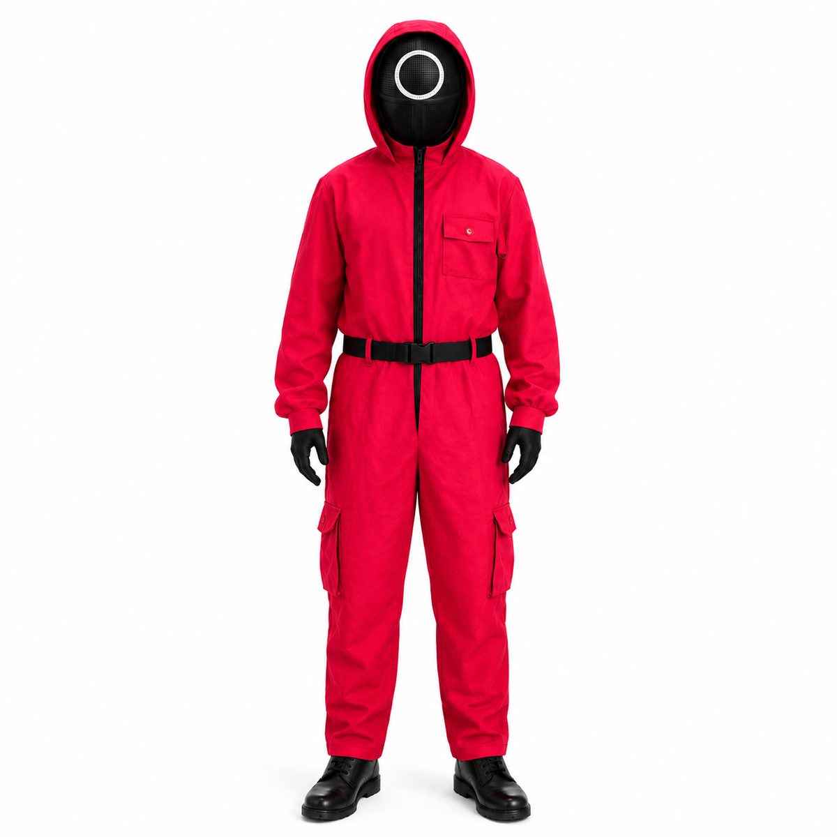 Halloween Dress Up Costume Hooded Jumpsuit with Belt and Geometric Mask for Kids Cosplay