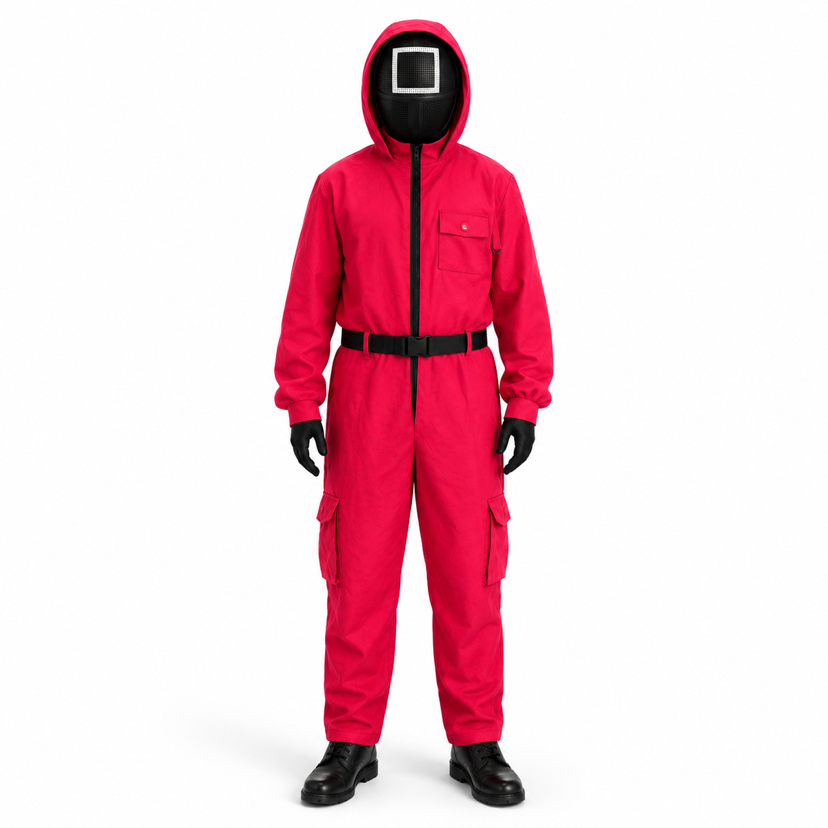 Halloween Dress Up Costume Hooded Jumpsuit with Belt and Geometric Mask for Kids Cosplay