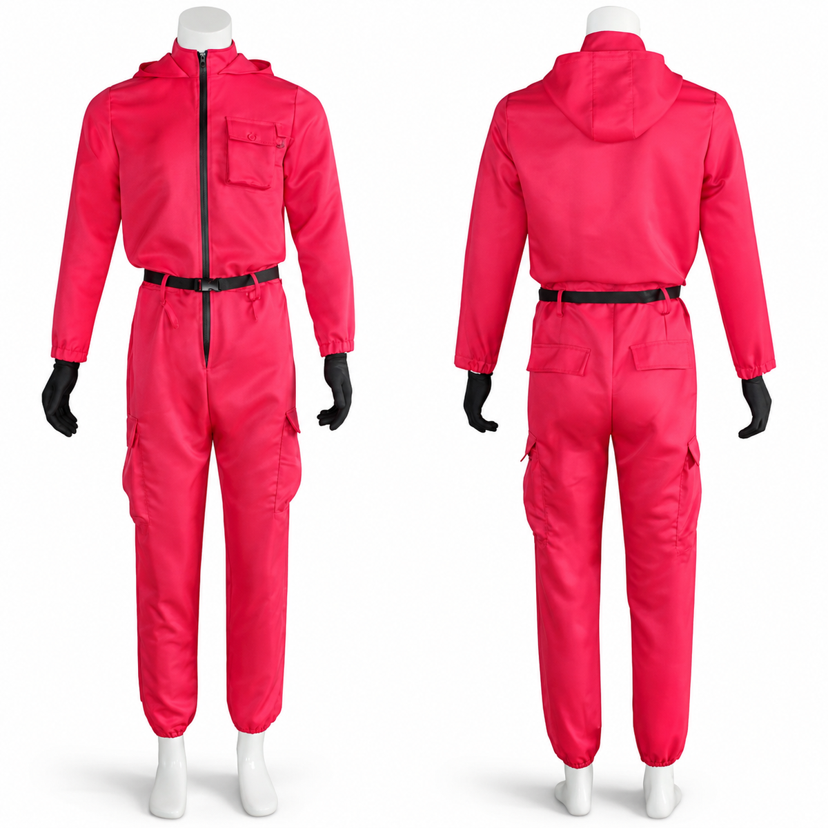 Halloween Dress Up Costume Hooded Jumpsuit with Belt and Geometric Mask for Kids Cosplay