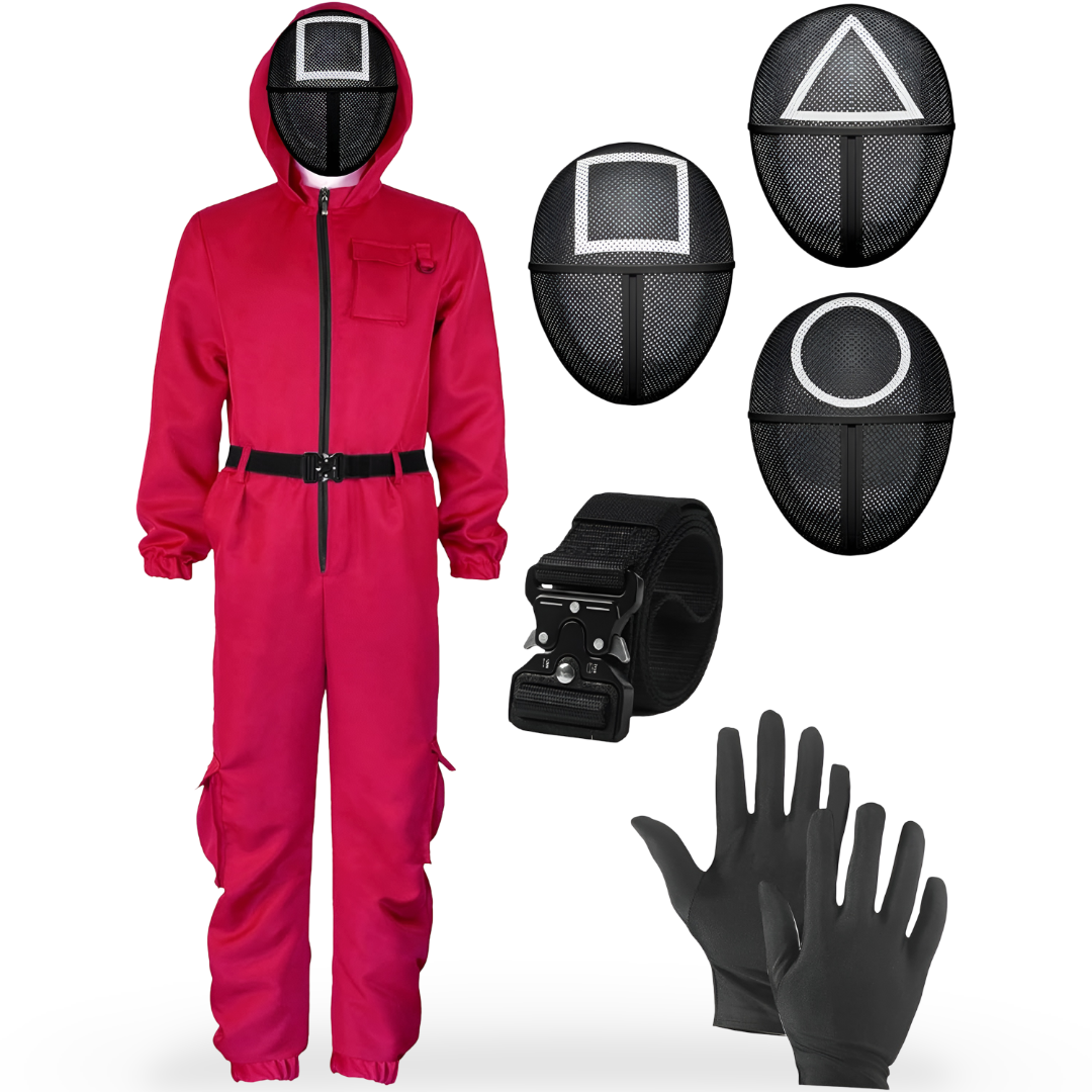 Halloween Dress Up Costume Hooded Jumpsuit with Belt and Geometric Mask for Kids Cosplay