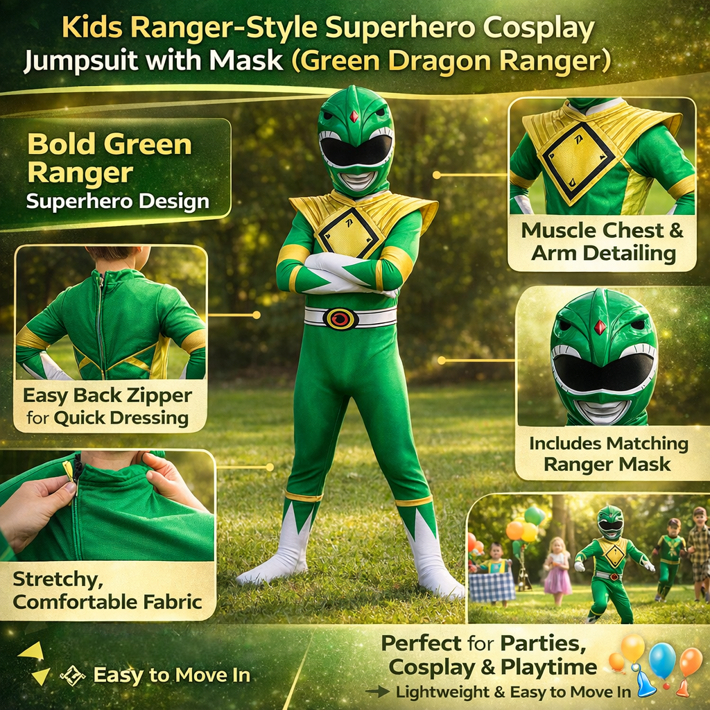 Halloween Dress Up Costume Kids Ranger Muscle Jumpsuit with Mask and Back Zipper for Parties