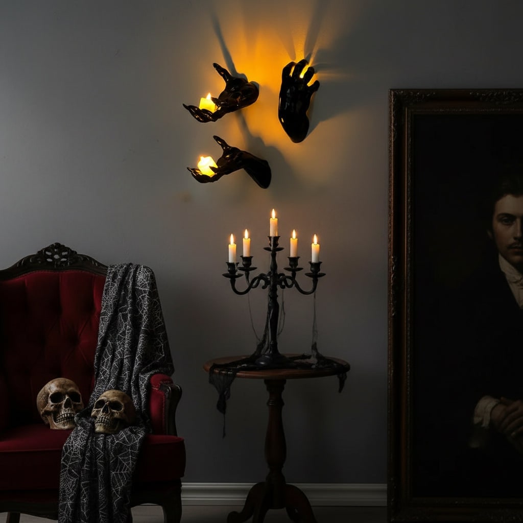 Wall Candle Holders for Halloween Gothic Decorations Glossy Resin Creepy Hand Tea Light Set