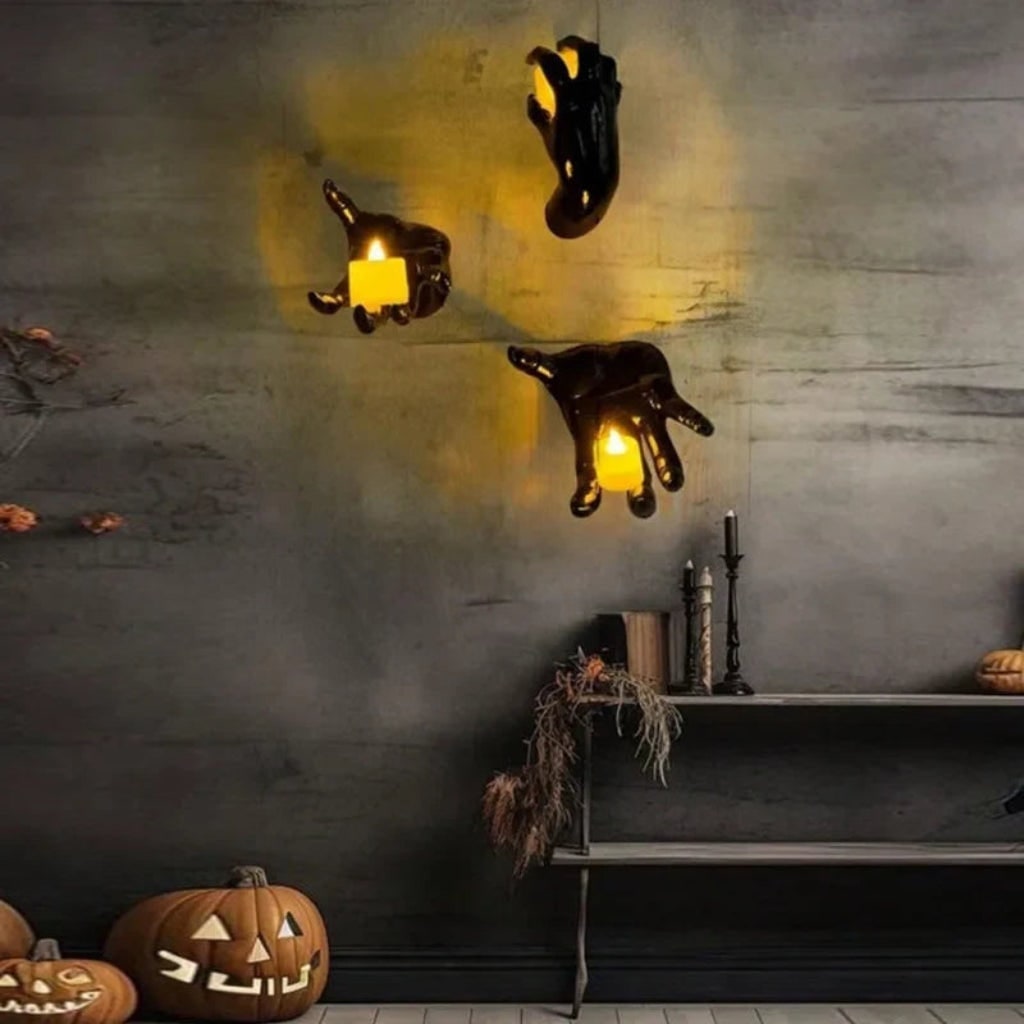 Wall Candle Holders for Halloween Gothic Decorations Glossy Resin Creepy Hand Tea Light Set