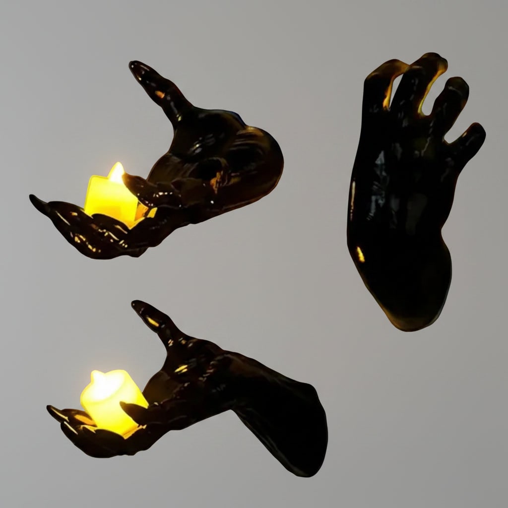 Wall Candle Holders Gothic Creepy Hand Design Textured Resin Set for Halloween Decor