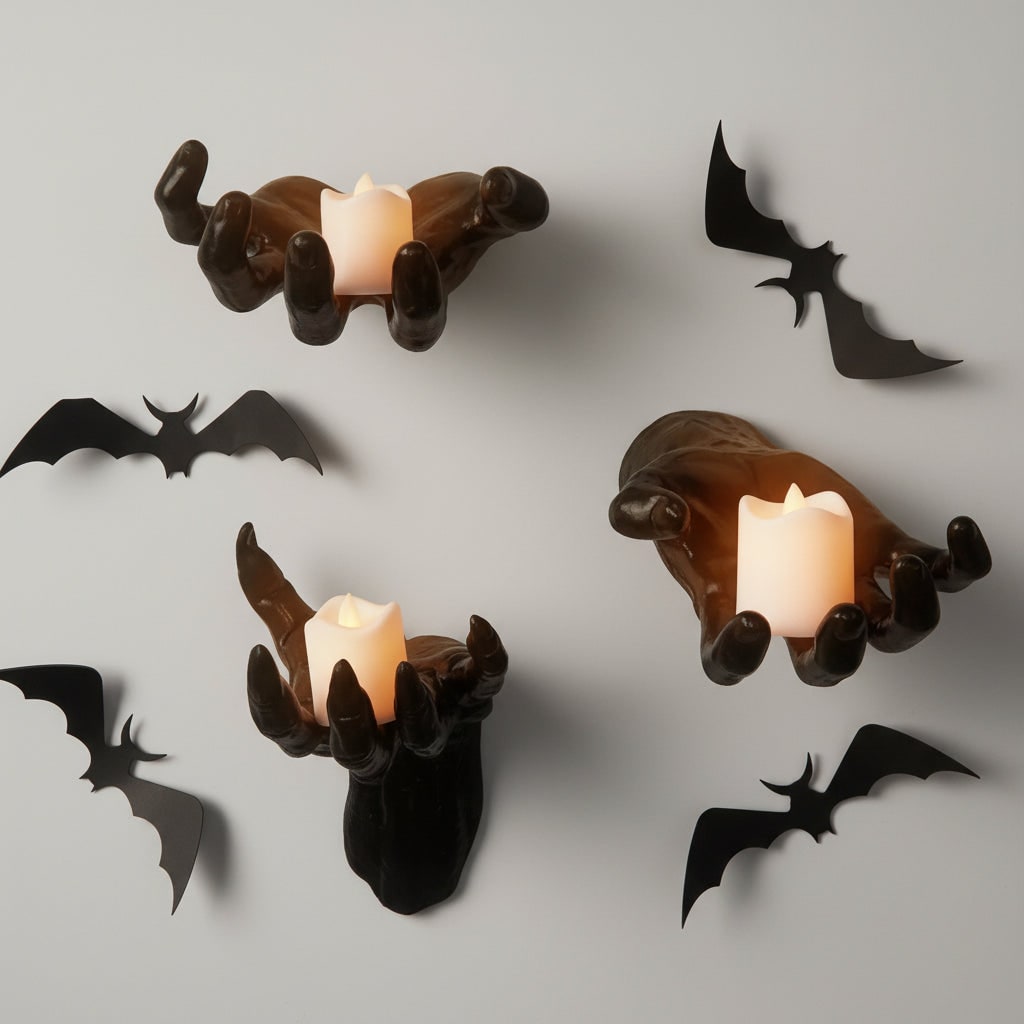Wall Candle Holders Gothic Creepy Hand Design Textured Resin Set for Halloween Decor
