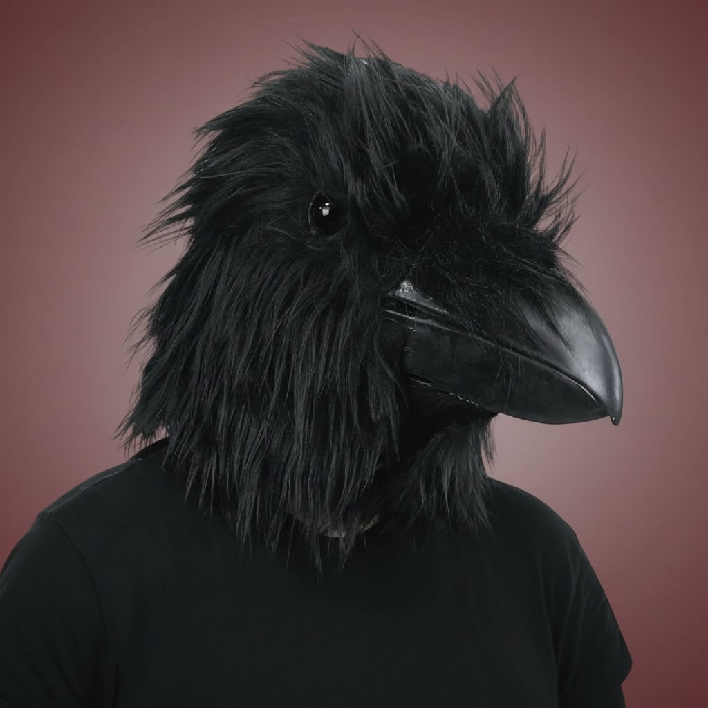 Creepy Crow Mask with Black Faux Fur Full Head Coverage and Glossy Beak