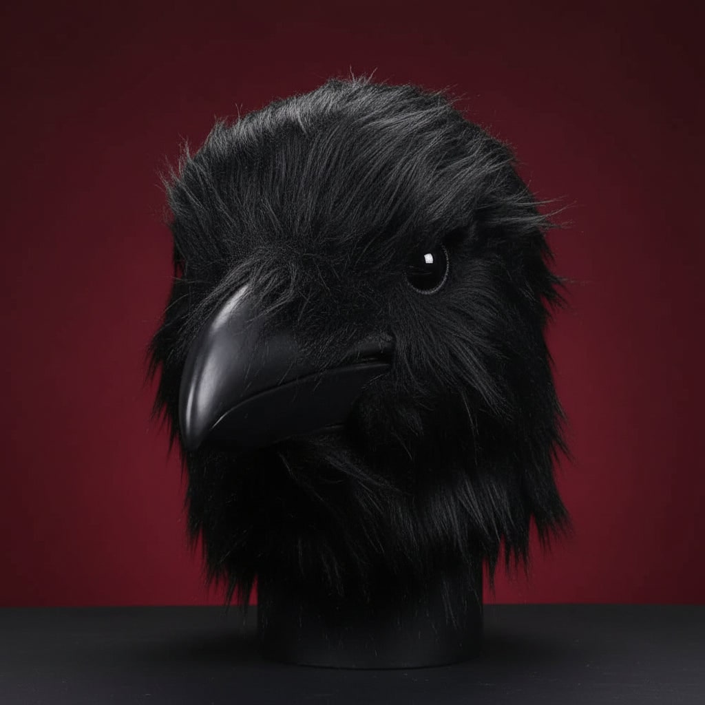 Creepy Crow Mask with Black Faux Fur Full Head Coverage and Glossy Beak