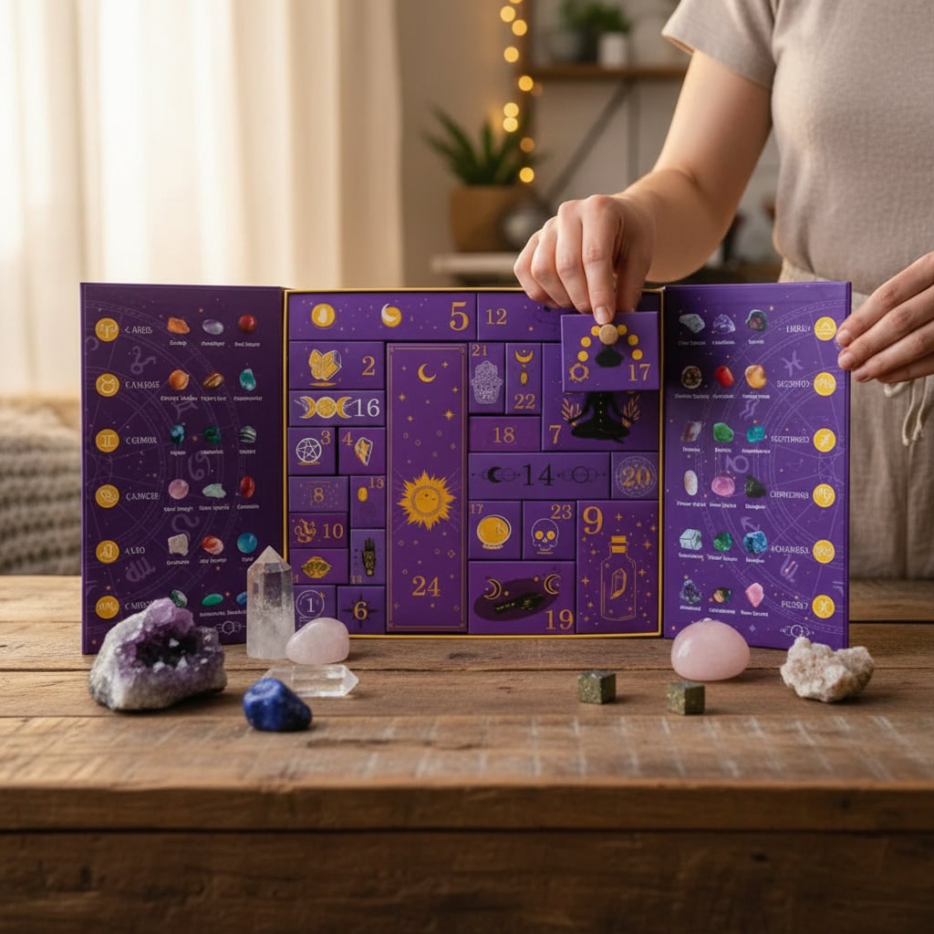 Crystal Advent Calendar with 24 Numbered Drawers Halloween Gemstone Figurines and Geode Slice
