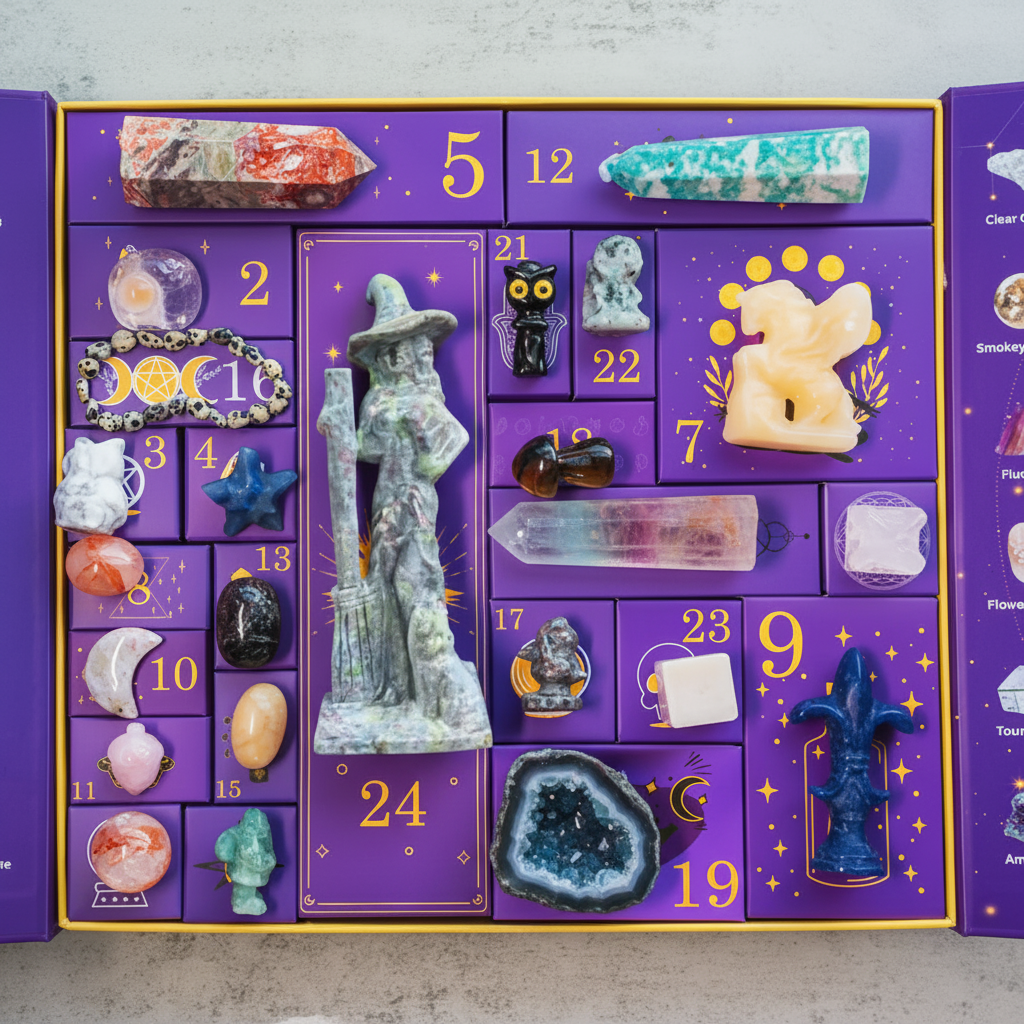Crystal Advent Calendar with 24 Numbered Drawers Halloween Gemstone Figurines and Geode Slice