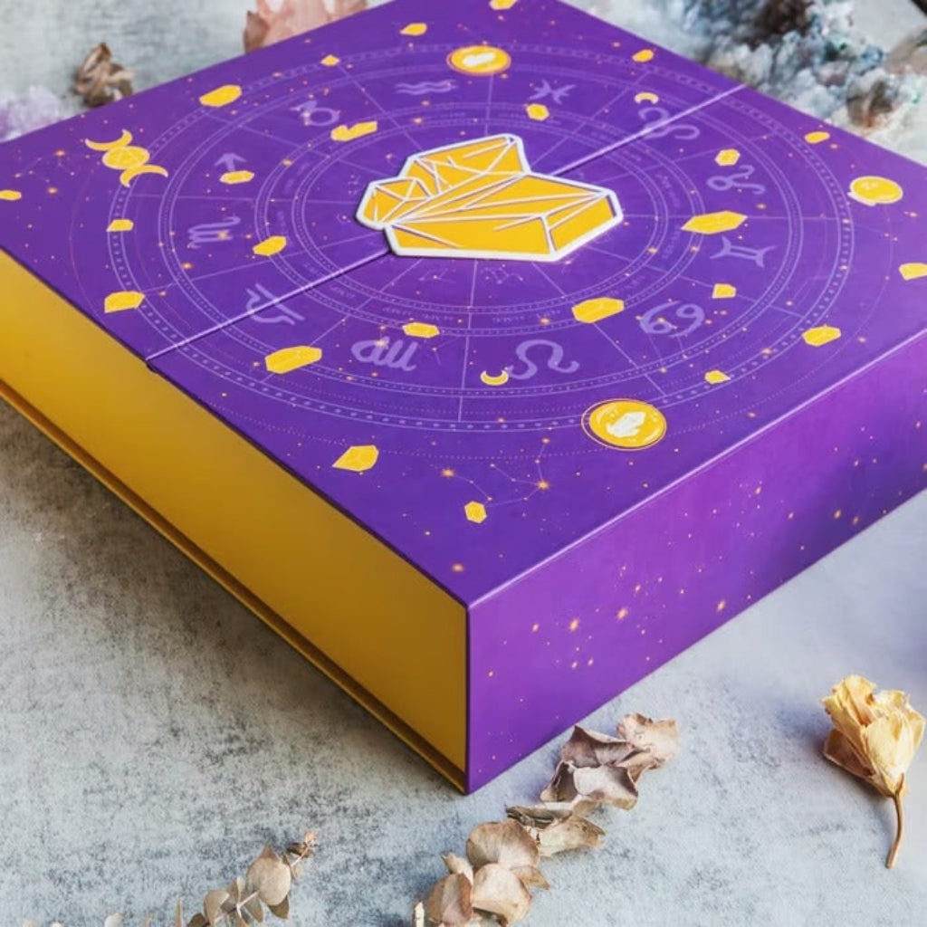 Crystal Advent Calendar with 24 Numbered Drawers Halloween Gemstone Figurines and Geode Slice