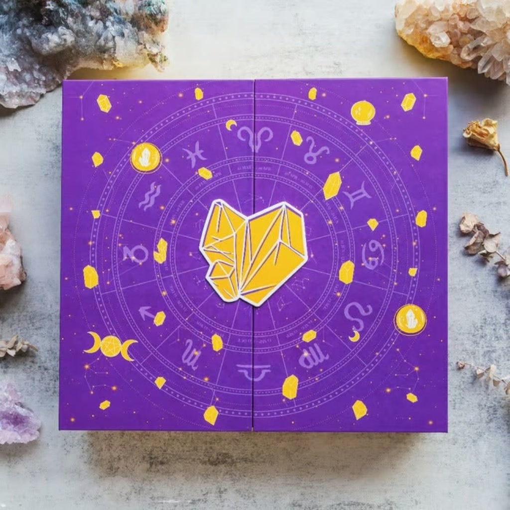 Crystal Advent Calendar with 24 Numbered Drawers Halloween Gemstone Figurines and Geode Slice