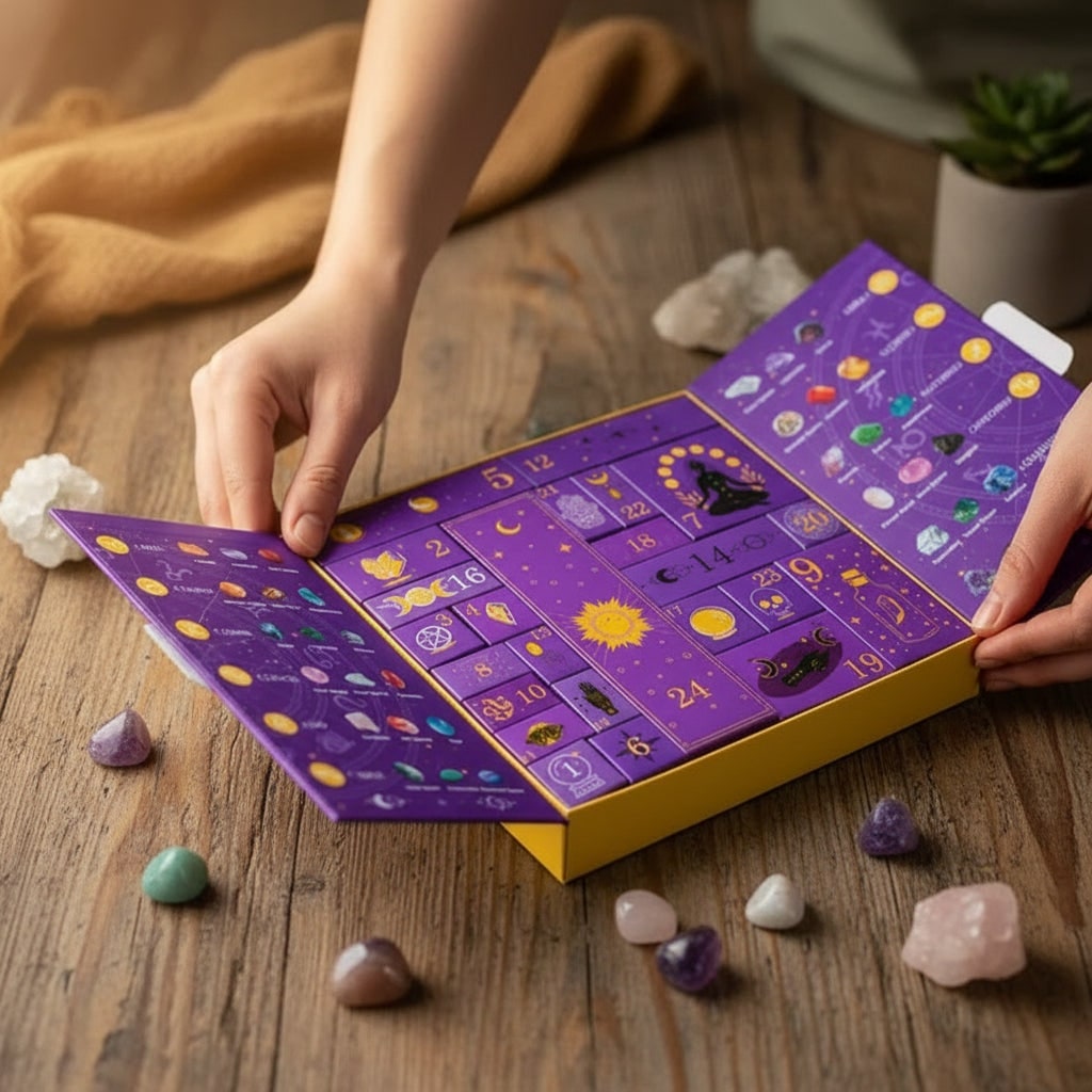 Crystal Advent Calendar with 24 Gemstone Compartments Carved Figurines and Halloween Zodiac Design