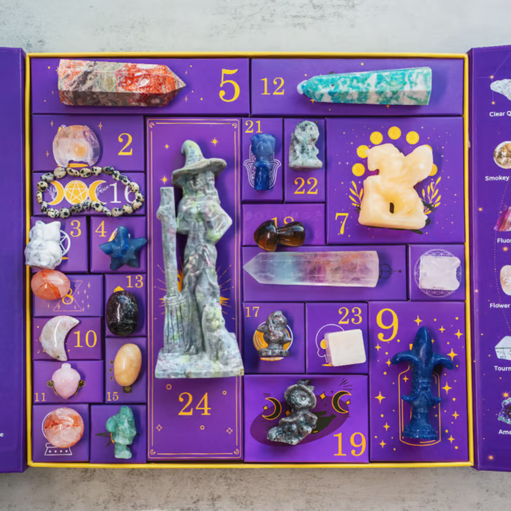 Crystal Advent Calendar with 24 Gemstone Compartments Carved Figurines and Halloween Zodiac Design