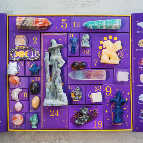 Crystal Advent Calendar with 24 Gemstone Compartments Carved Figurines and Halloween Zodiac Design