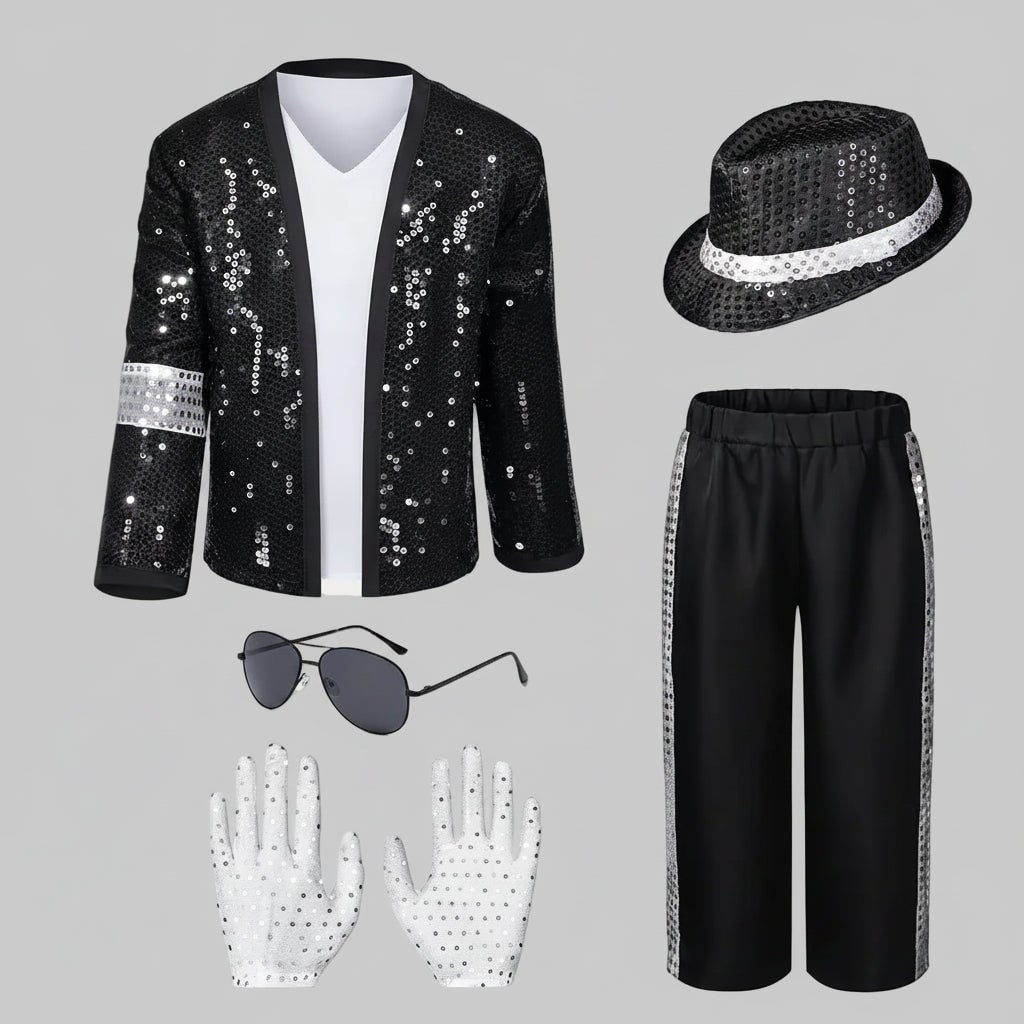 Halloween Dance Costume MJ King of Pop Outfit with Sequin Jacket Fedora Hat and Gloves for Party