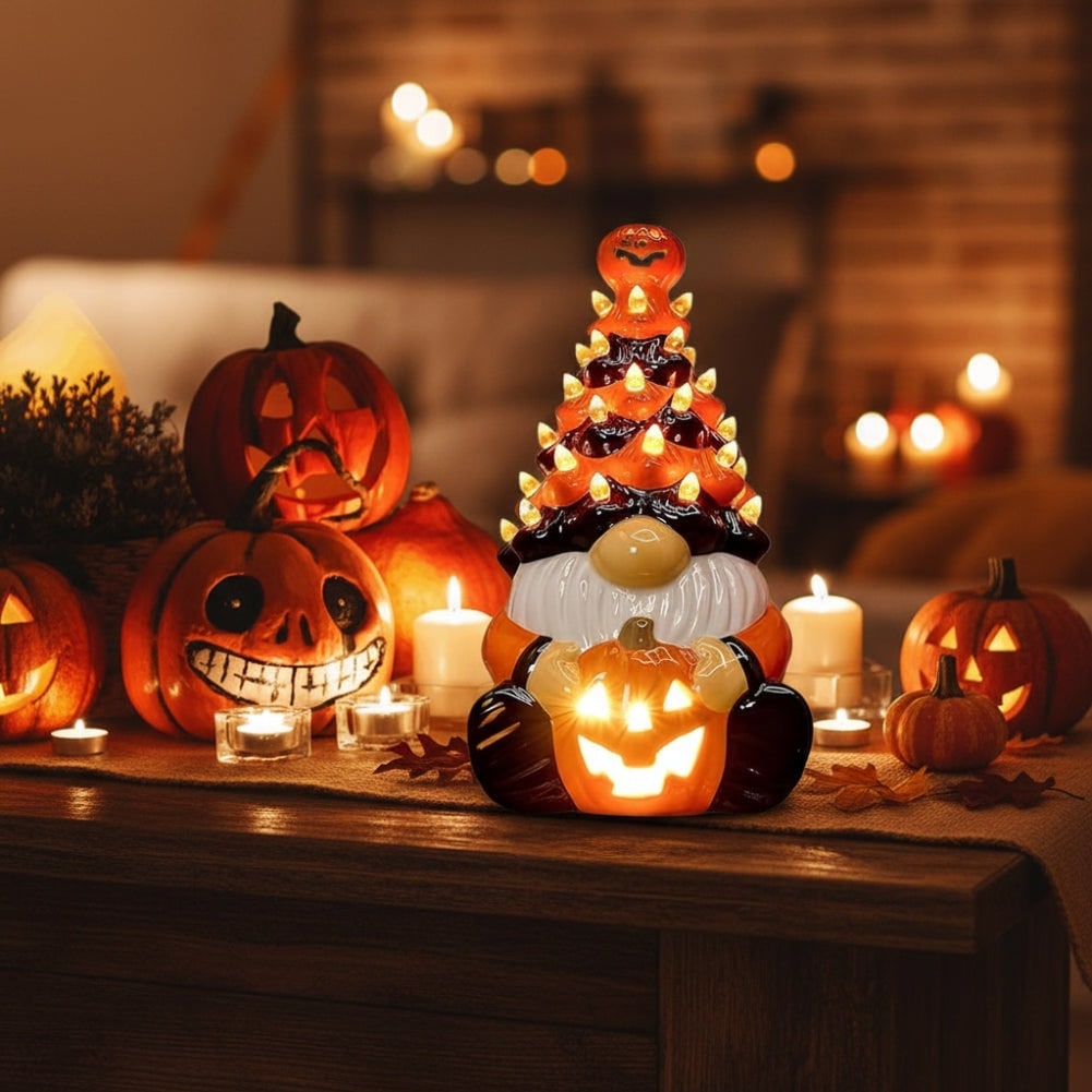 Halloween Tree Gnome with LED Lights and Glowing Jack-O'-Lantern Ceramic Tabletop Figurine