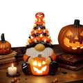 Halloween Tree Gnome with LED Lights and Glowing Jack-O'-Lantern Ceramic Tabletop Figurine