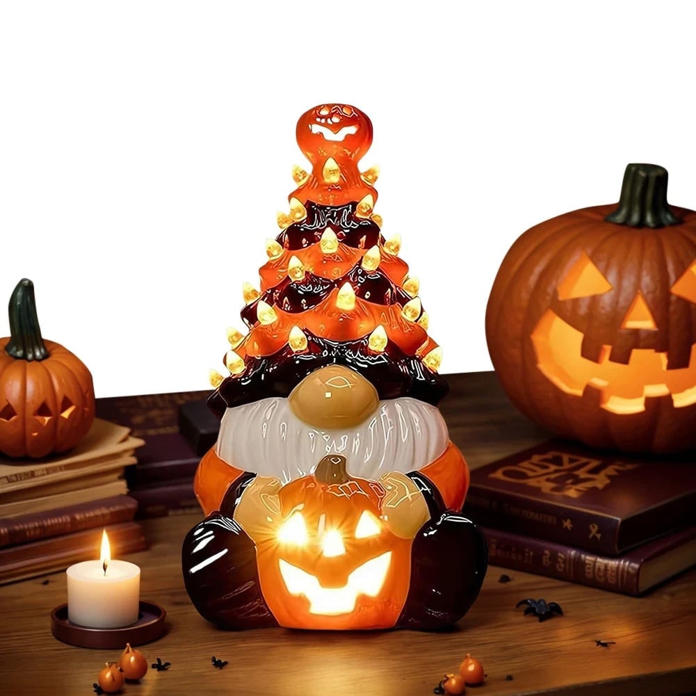 Halloween Tree Gnome with LED Lights and Glowing Jack-O'-Lantern Ceramic Tabletop Figurine