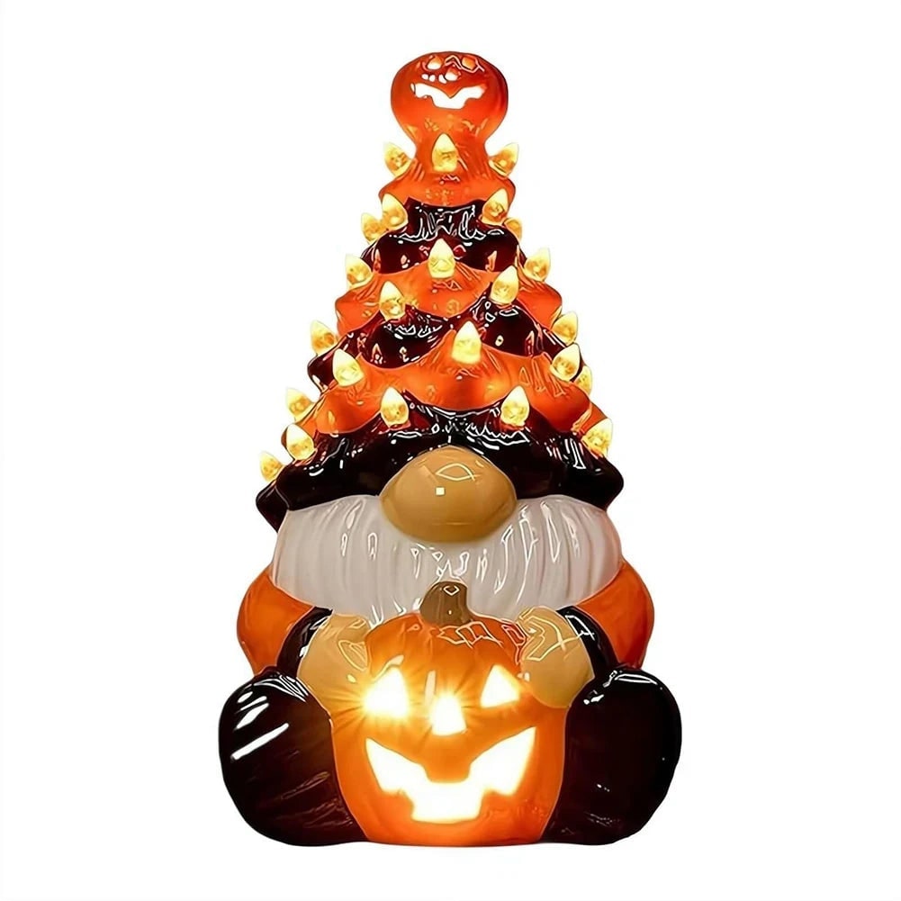 Halloween Tree Gnome with LED Lights and Glowing Jack-O'-Lantern Ceramic Tabletop Figurine