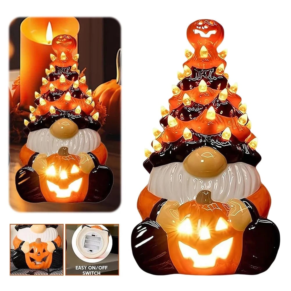 Halloween Tree Gnome with LED Lights and Glowing Jack-O'-Lantern Ceramic Tabletop Figurine