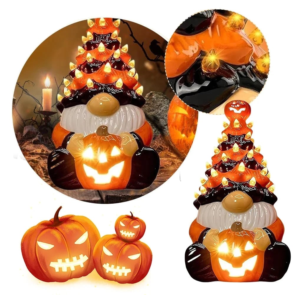 Halloween Tree Gnome with LED Lights and Glowing Jack-O'-Lantern Ceramic Tabletop Figurine