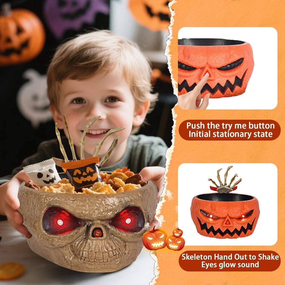 Animated Halloween Candy Bowl with Motion Sensor LED Eyes and Skeleton Hand