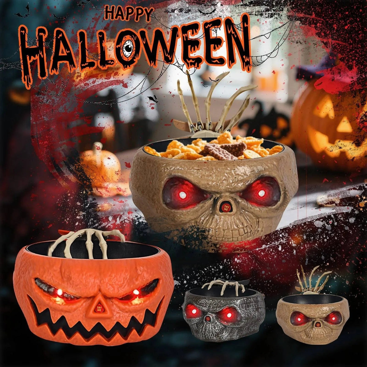 Animated Halloween Candy Bowl with Motion Sensor LED Eyes and Skeleton Hand